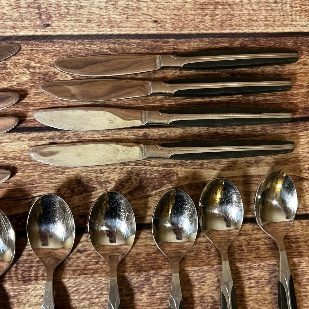 Cosmos Prod Co 1961 Vintage MCM Stainless Flatware 50pc Black Resin Silver Japan